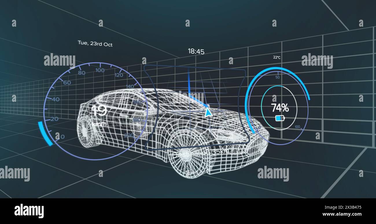 Image du nombre changeant et des icônes dans le modèle 3d de voiture sur fond noir Banque D'Images