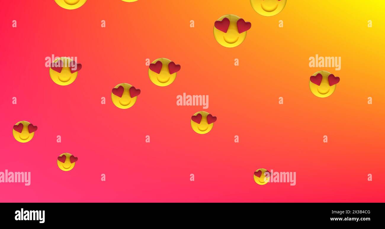 Image de plusieurs emojis de visage de coeur flottant sur fond dégradé rouge à orange Banque D'Images