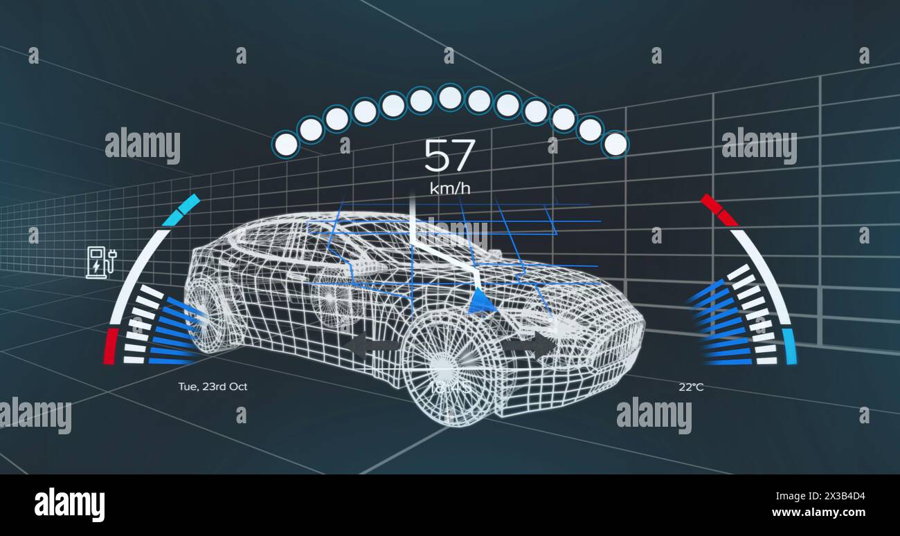 Image des icônes, du texte et des numéros changeants dans le compteur de vitesse sur le modèle 3d de voiture Banque D'Images