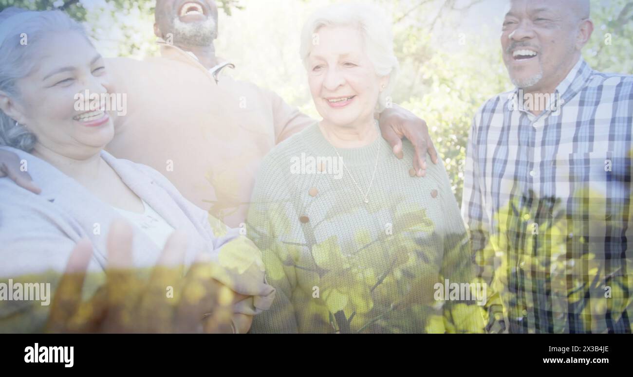 Image d'arbres sur diverses personnes âgées souriant dans le jardin Banque D'Images