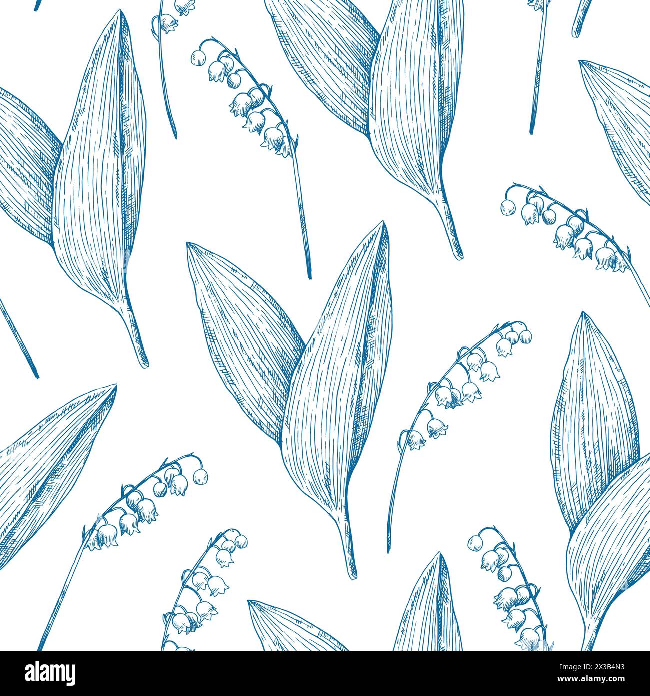 Motif monochrome sans couture avec fleurs de lilly de la vallée. Illustration vectorielle dans le style de gravure rétro. Illustration de Vecteur