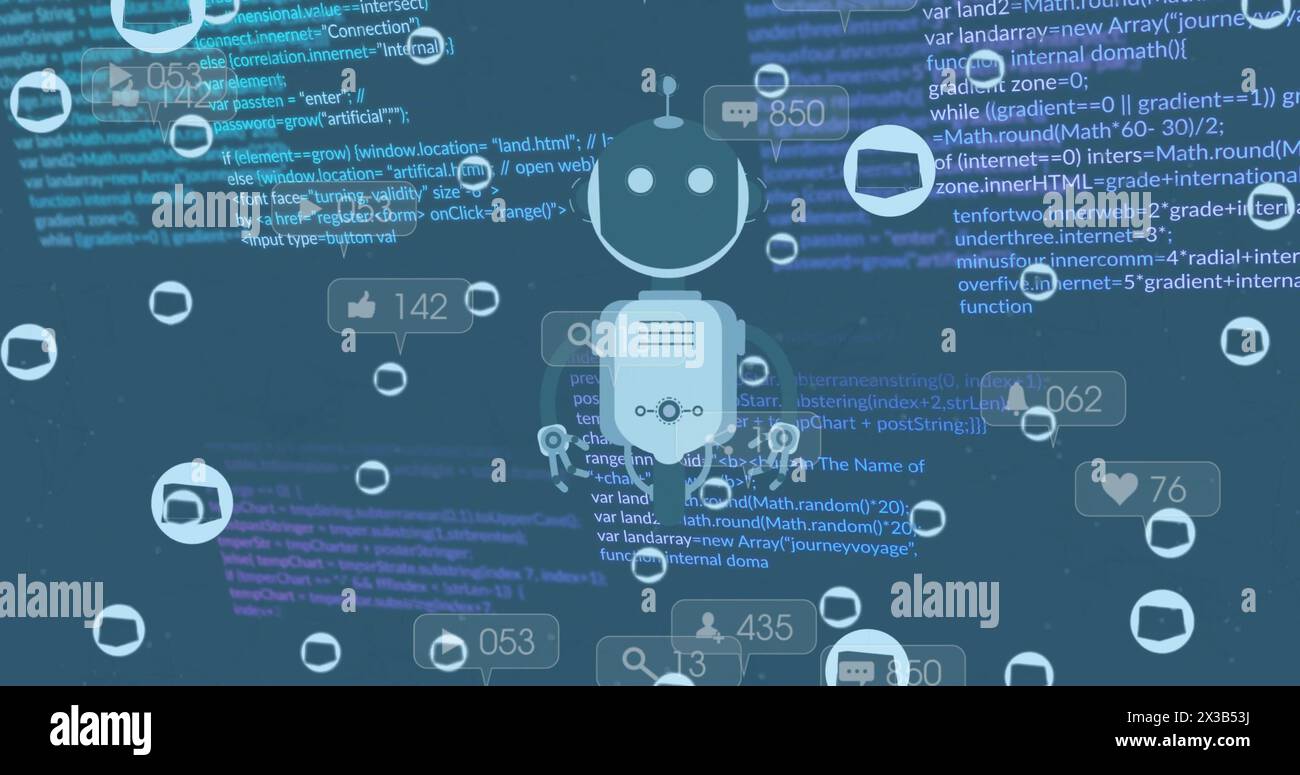 Image de cube dans des cercles, des barres de notification et robot volant au-dessus du langage informatique Banque D'Images