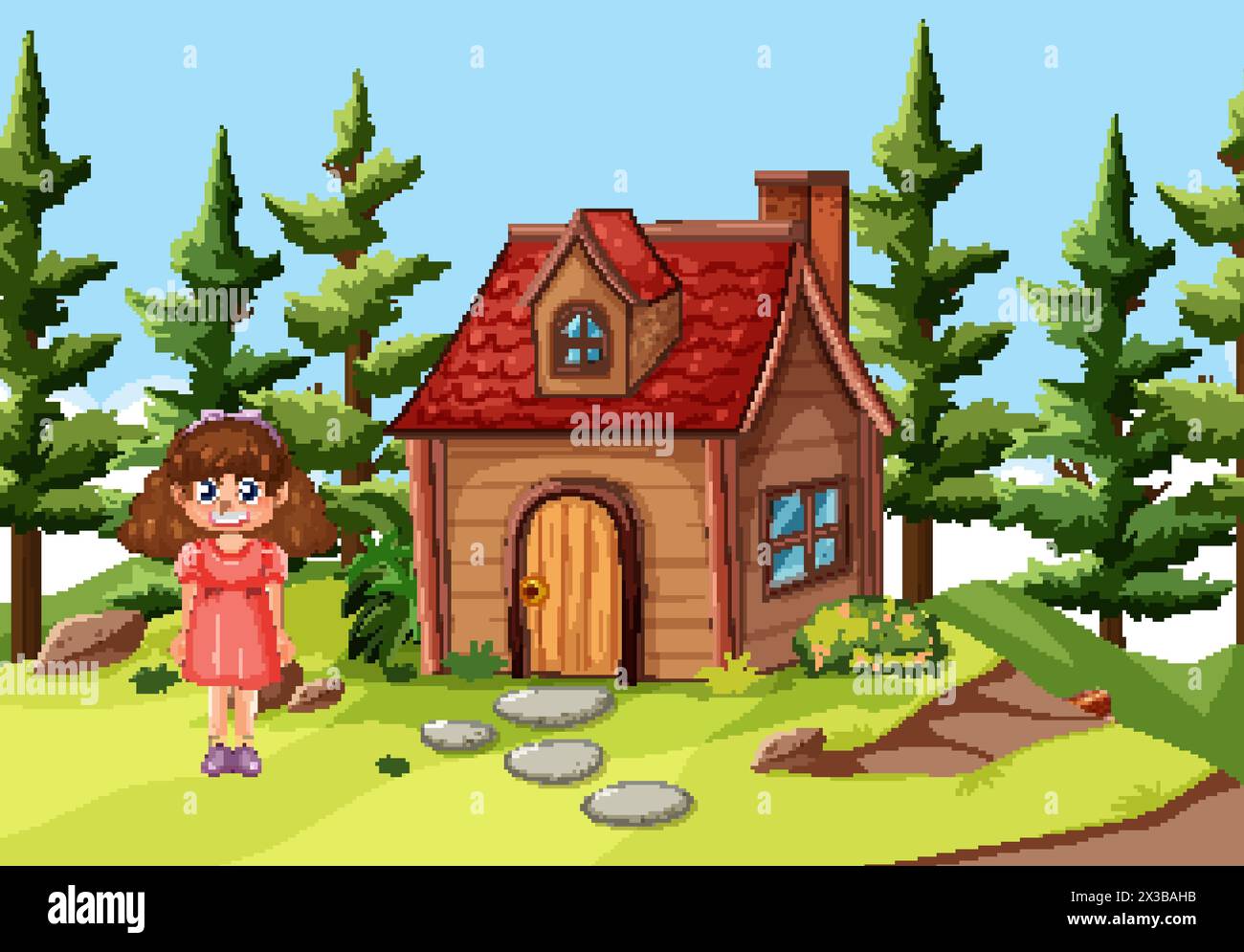 Fille souriante debout par une maison de forêt confortable Illustration de Vecteur