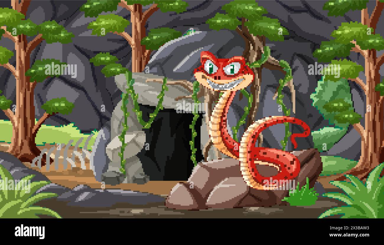 Serpent de dessin animé devant une entrée de grotte sombre Illustration de Vecteur
