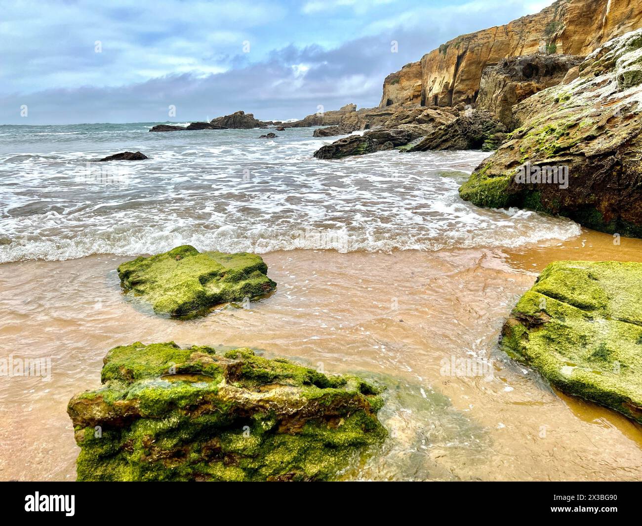 Vue sur les vagues de la mer arrivant à terre sur la plage rocheuse à marée basse dans un paysage de plage Banque D'Images