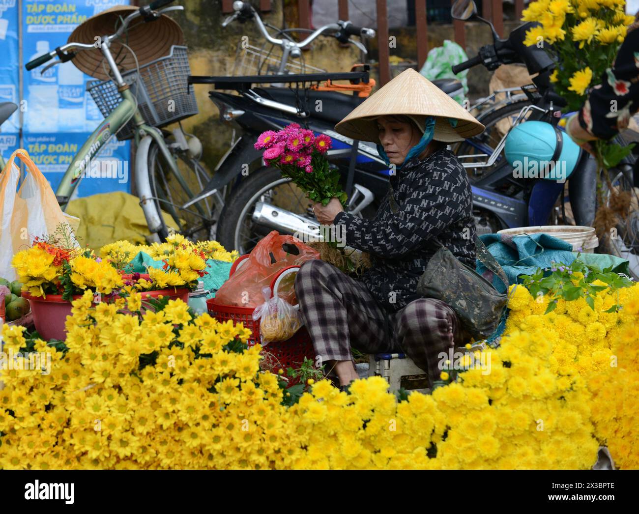 Vendeurs de fleurs au marché central de Hoi an, Vietnam. Banque D'Images