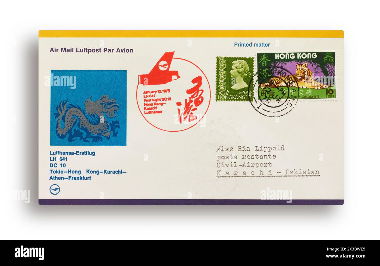 Première lettre de vol, première couverture de vol, premier vol Lufthansa LH641 avec DC-10 au départ de Tokyo, Japon, via Hong Kong, Karachi, Pakistan, Athènes, Grèce Banque D'Images
