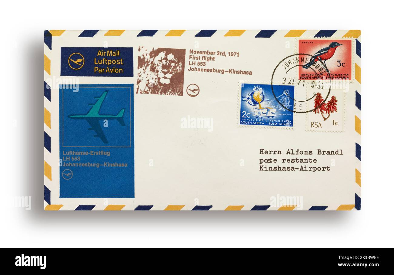 Première lettre de vol, première couverture de vol, premier vol Lufthansa LH553 de Johannesburg, Afrique du Sud, à Kinshasa, République démocratique du Congo Banque D'Images