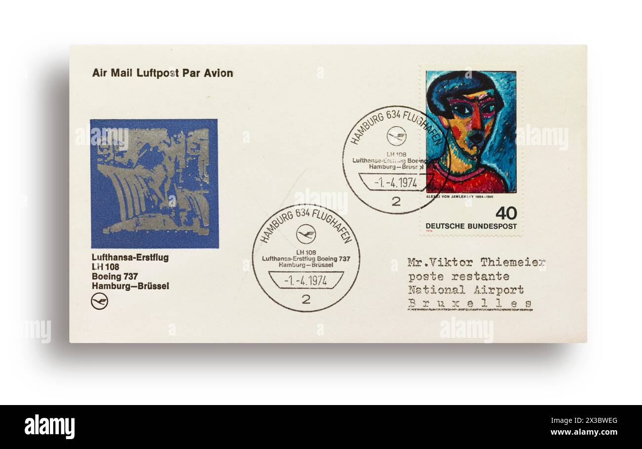 Première lettre de vol, première couverture de vol, premier vol Lufthansa LH108 avec Boeing 737 de Hambourg, Allemagne, à Bruxelles, Belgique, le 01.04.1974 Banque D'Images