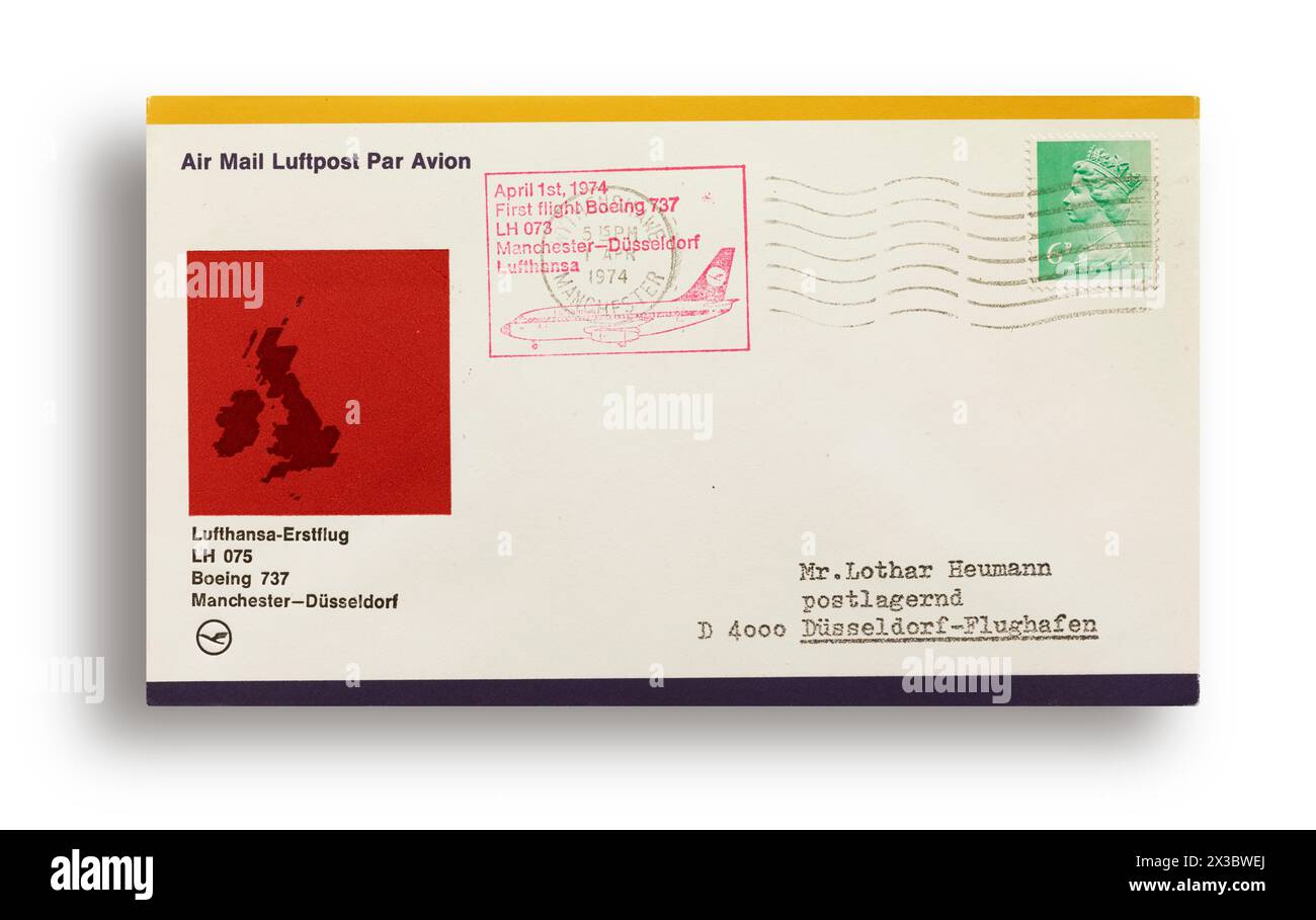 Première lettre de vol, première couverture de vol, Lufthansa premier vol LH075 avec Boeing 737 de Manchester, Angleterre, à Duesseldorf, Allemagne, le 01.04.1974 Banque D'Images