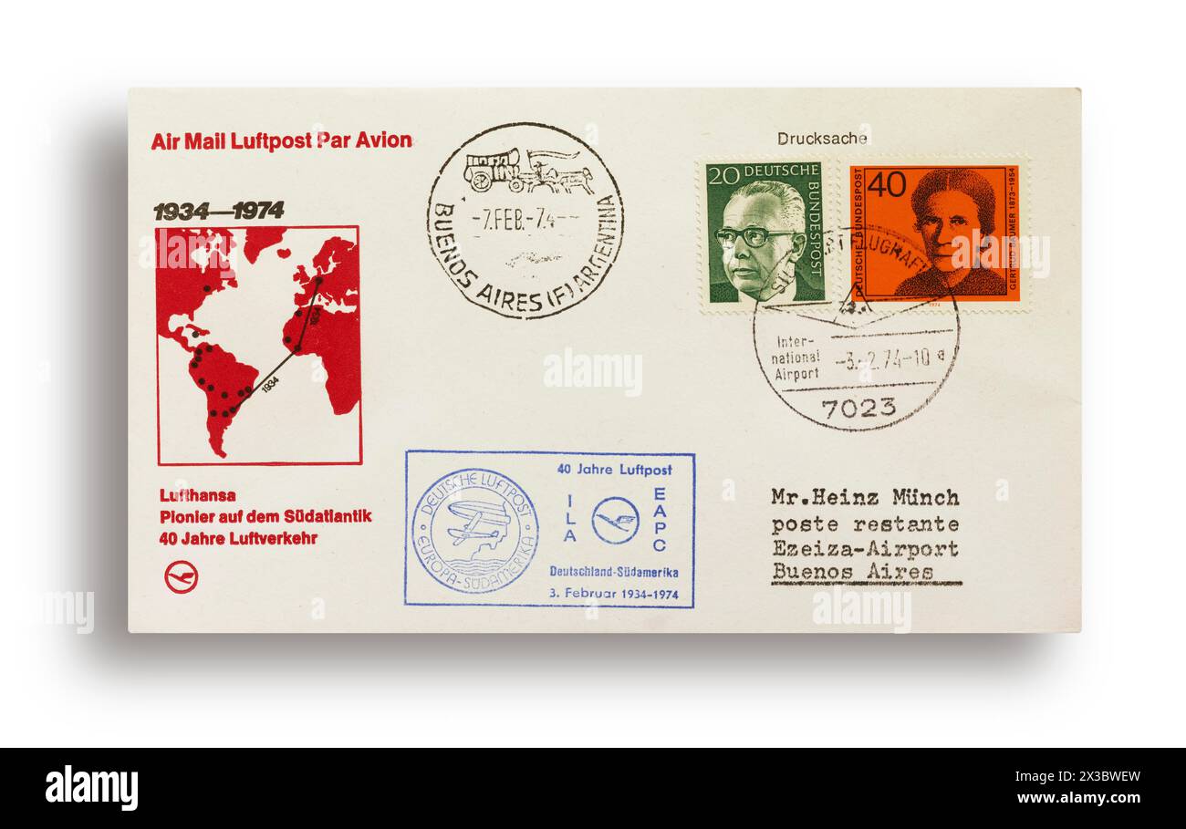 Première lettre de vol, première couverture de vol, vol anniversaire Lufthansa, 40 ans de trafic aérien entre l'Allemagne et l'Amérique du Sud, au départ de Stuttgart Banque D'Images