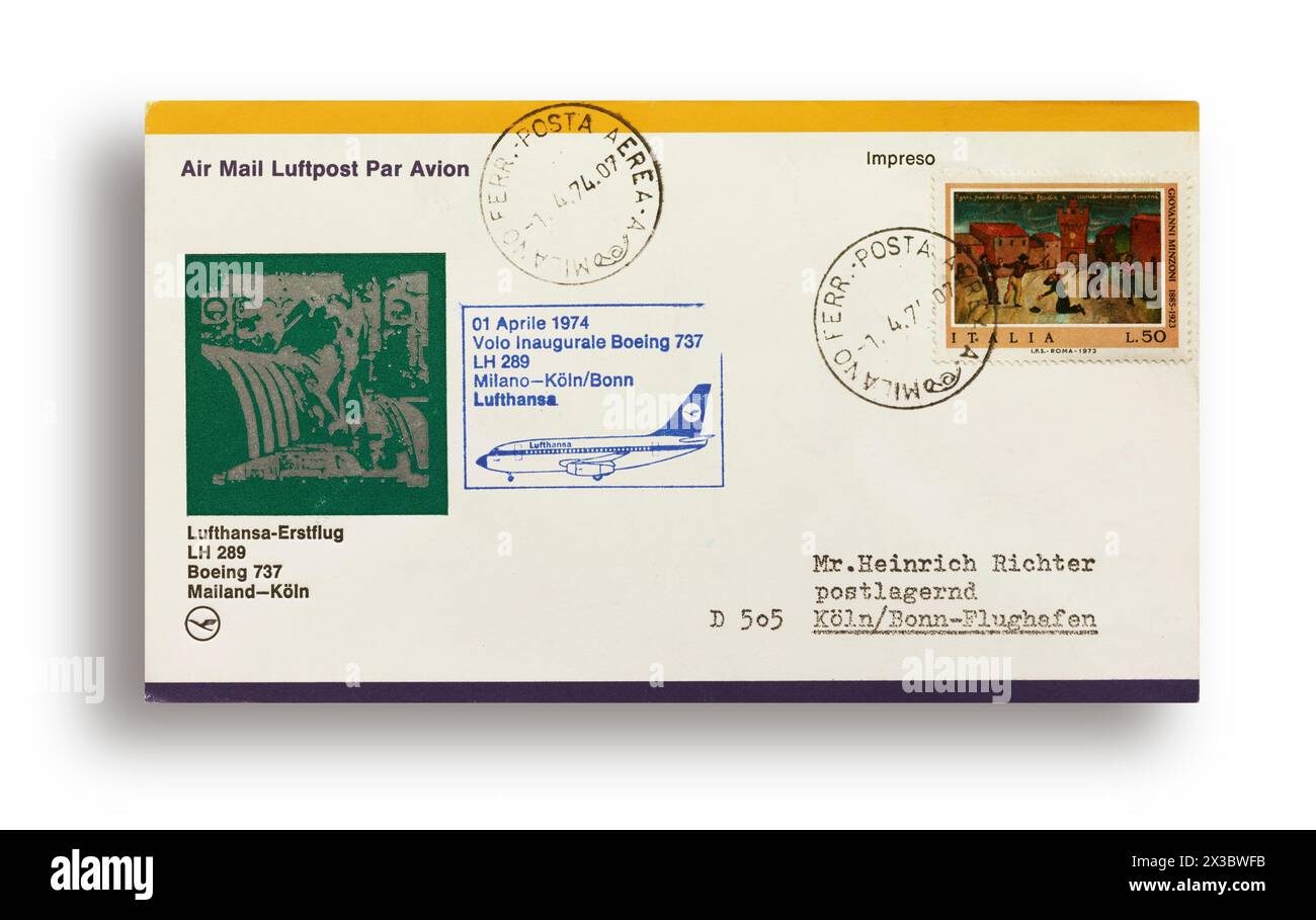 Première lettre de vol, première couverture de vol, premier vol Lufthansa LH289 avec Boeing 737 de Milan, Italie, à Cologne, Allemagne, le 01.04.1974 Banque D'Images
