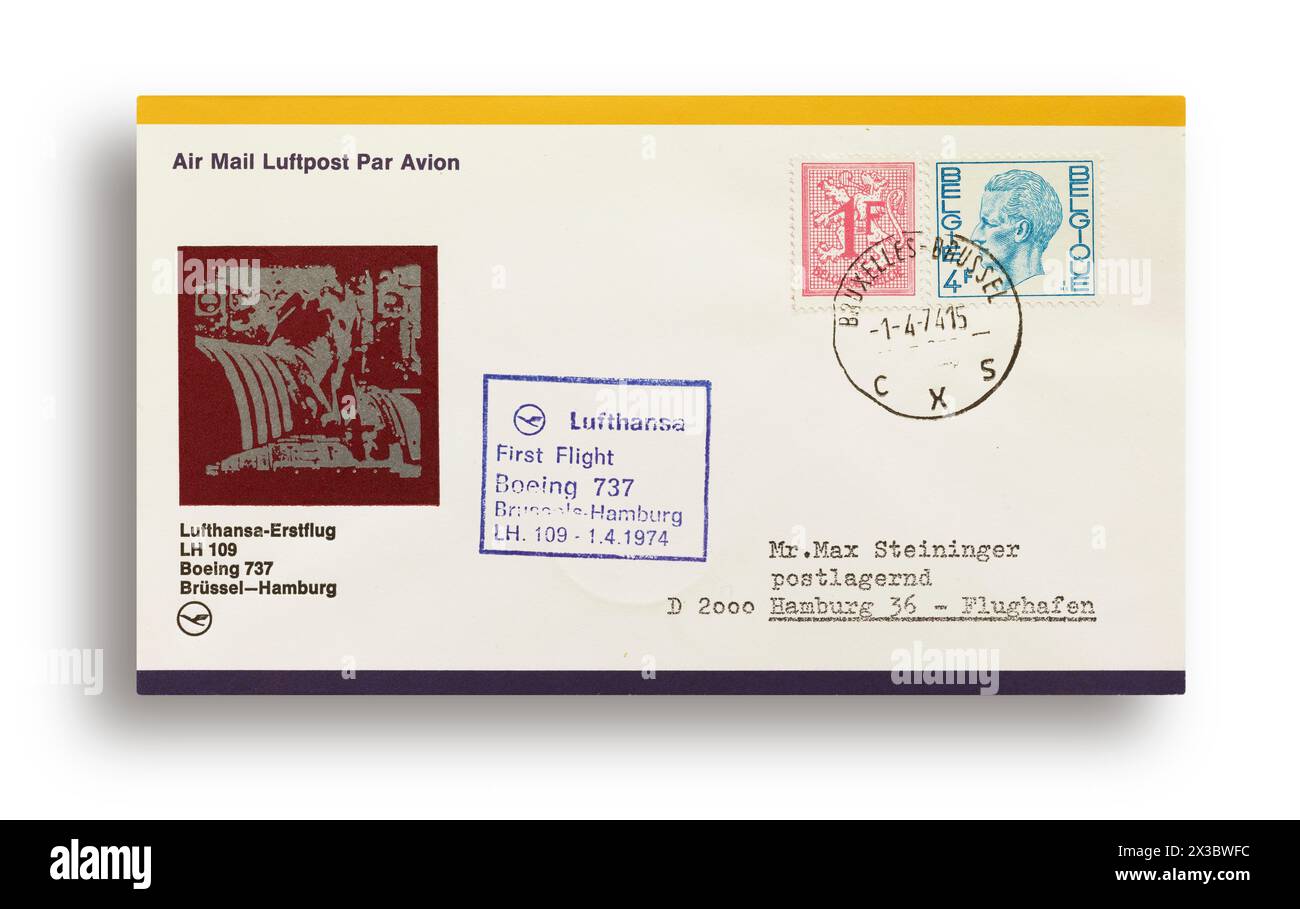 Première lettre de vol, première couverture de vol, premier vol Lufthansa LH109 avec Boeing 737 de Bruxelles, Belgique, à Hambourg, Allemagne, le 01.04.1974 Banque D'Images