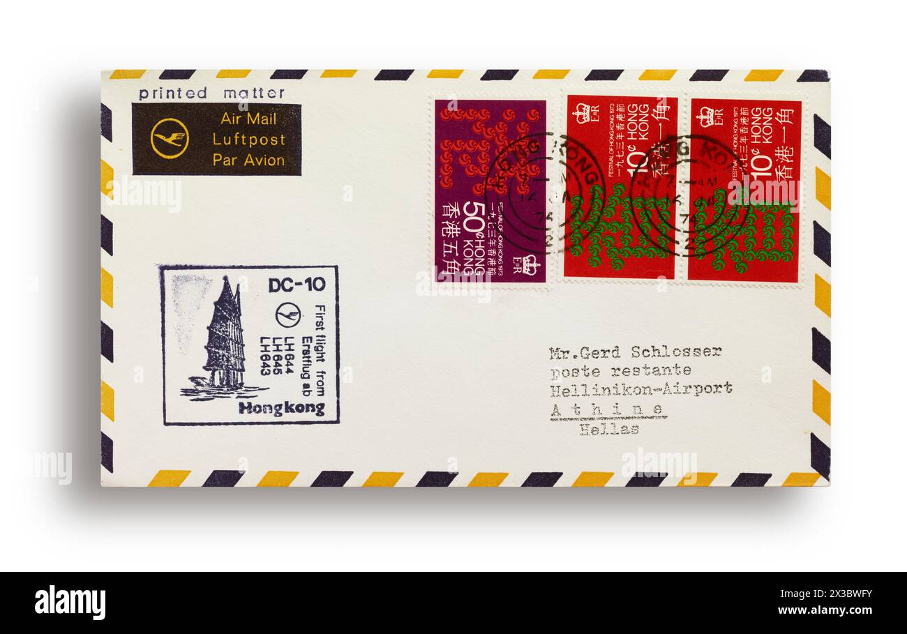 Première lettre de vol, première couverture de vol, premier vol Lufthansa LH644 avec DC10 de Hong Kong à Athènes, Grèce, le 16 janvier 1974 Banque D'Images