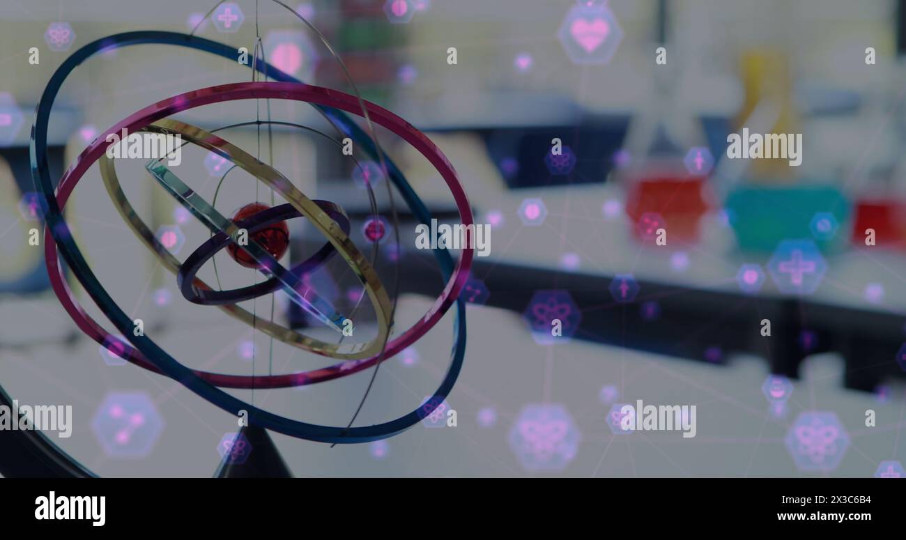 Image du réseau de connexion avec des icônes d'interface sur le modèle d'atome se déplaçant en laboratoire Banque D'Images
