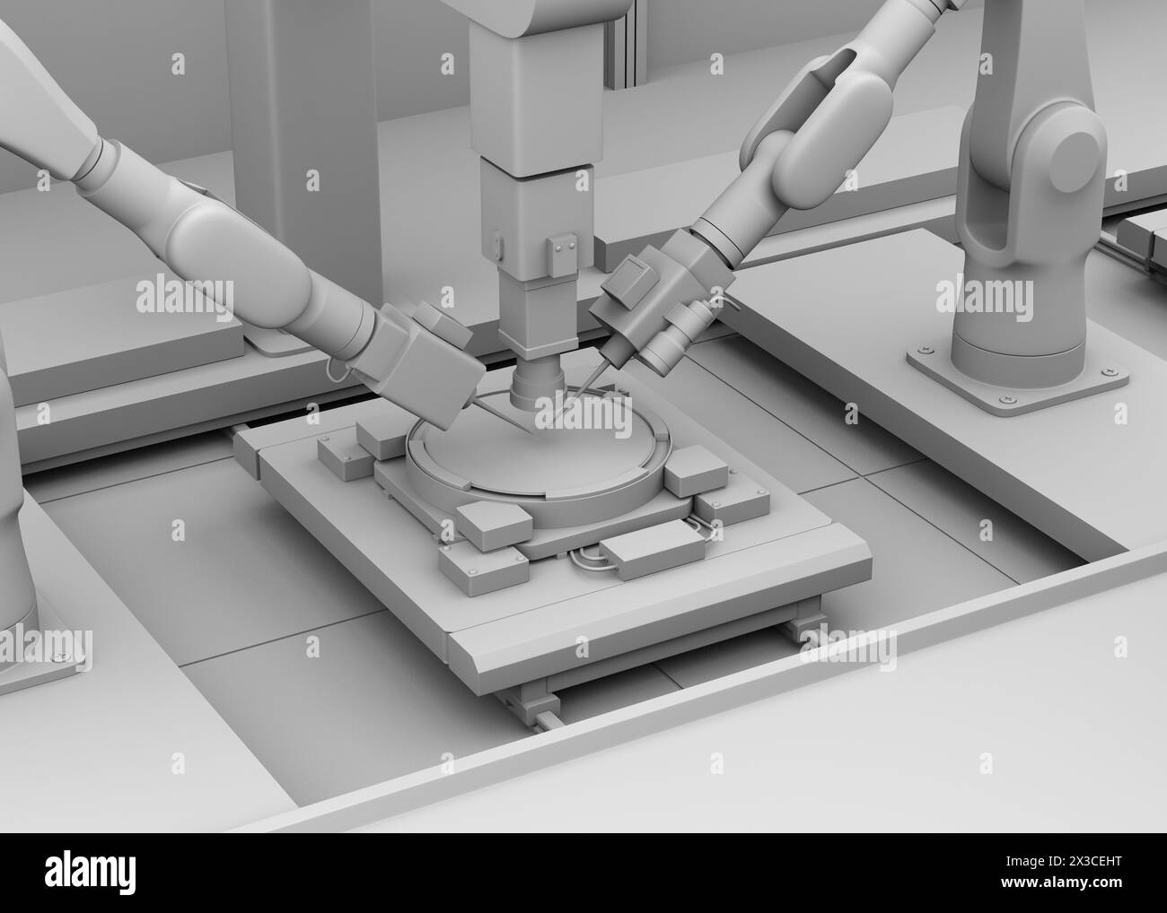 Rendu à l'argile du processus de test de sonde à galettes en silicium semi-conducteur. Image de rendu 3D. Banque D'Images