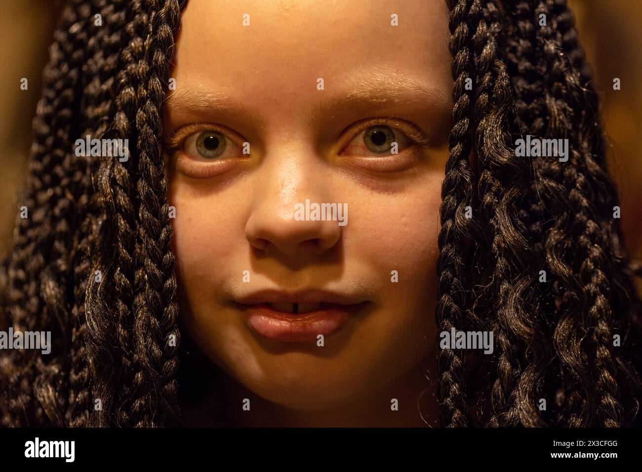 Un gros plan capture le visage d'un enfant avec des cheveux tressés et des yeux éclatants. Le regard de l'enfant est direct, avec une chaleur subtile et un air d'innocence contemplative. Un éclairage doux souligne les contours de leur visage, soulignant la profondeur de leurs yeux et le motif complexe des tresses. L'image transmet un sentiment de personnalité émergente et de contemplation juvénile. Gros plan Portrait d'un enfant avec des cheveux tressés et des yeux expressifs. Photo de haute qualité Banque D'Images