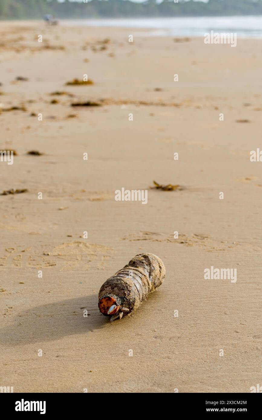 Une vieille bouteille de boisson en plastique recouverte de bernacles, d'herbe et de sable après probablement des années de flottement dans l'océan, maintenant sur Mission Beach, Queensland, Aust Banque D'Images