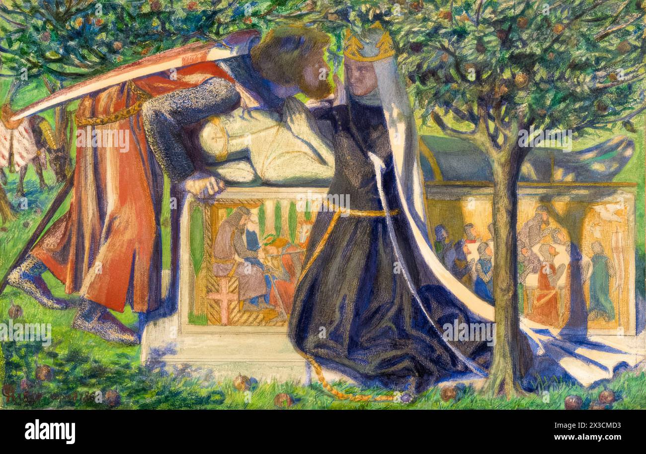 Dante Gabriel Rossetti, Tombeau d’Arthur (la dernière rencontre de Lancelot et Guinevere), aquarelle, 1860 Banque D'Images