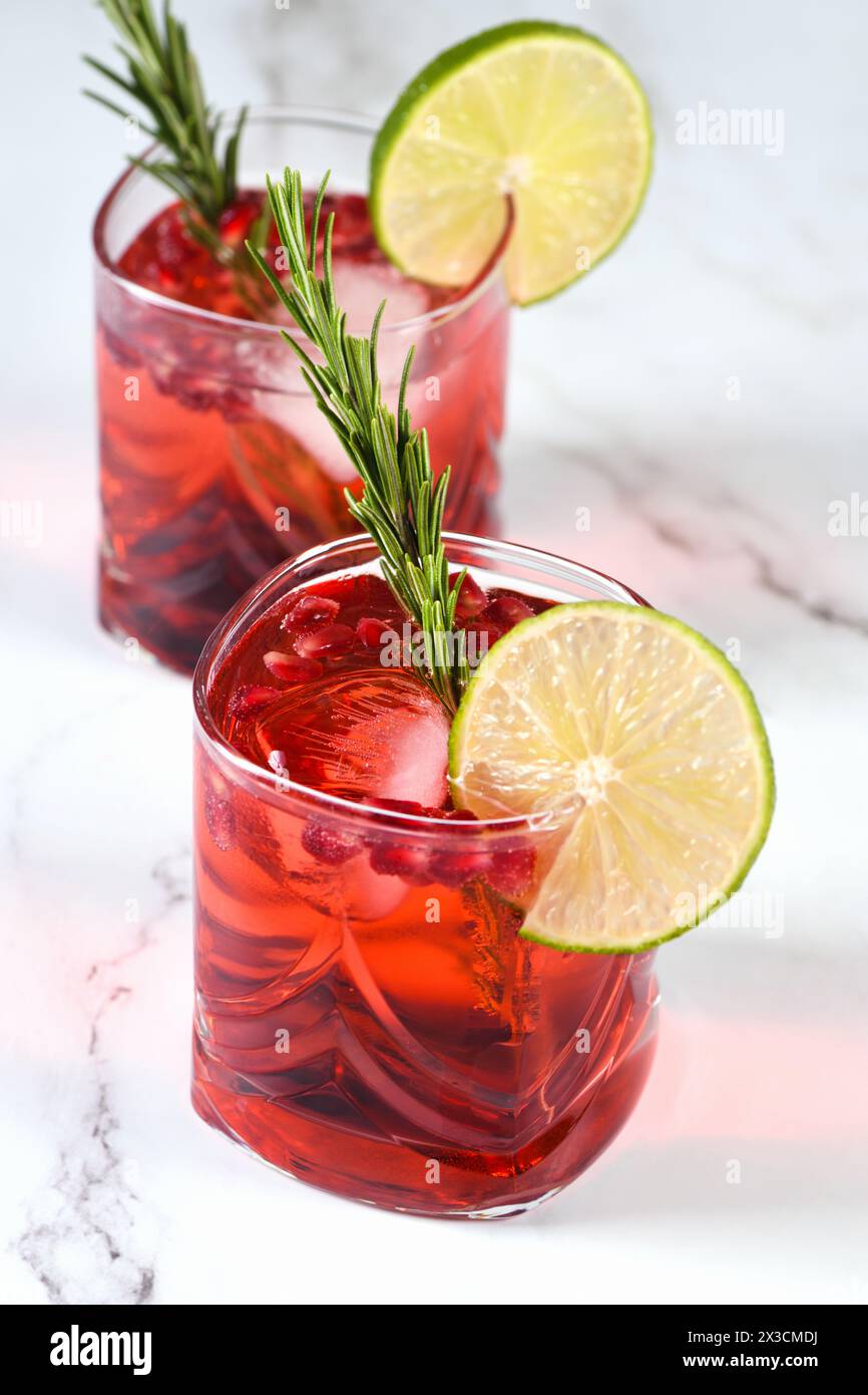 Le Pomegranate Paloma est un cocktail classique à base de grenadine, de soda et d’une généreuse dose de tequila ou de gin. Idéal pour les fêtes de fin d'année. Banque D'Images