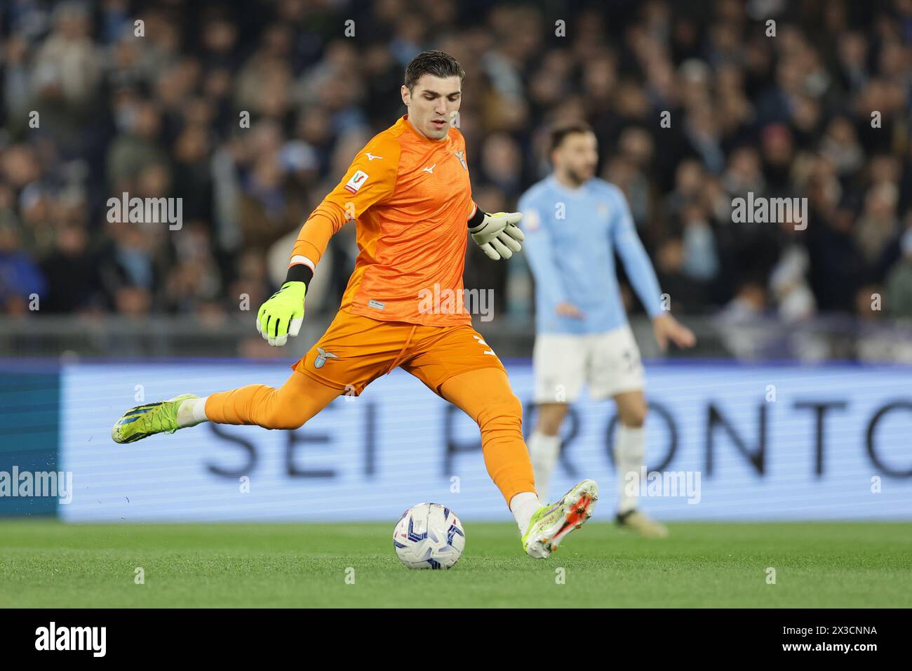 Le gardien grec du Latium Christos Mandas lors du match de demi-finale de la Coupe d'italie SS Lazio vs Juventus au stade Olimpico le 23 avril 2024 à Rome. Banque D'Images Le gardien grec du Latium Christos Mandas lors du match de demi-finale de la Coupe d'italie SS Lazio vs Juventus au stade Olimpico le 23 avril 2024 à Rome. Banque D'Images