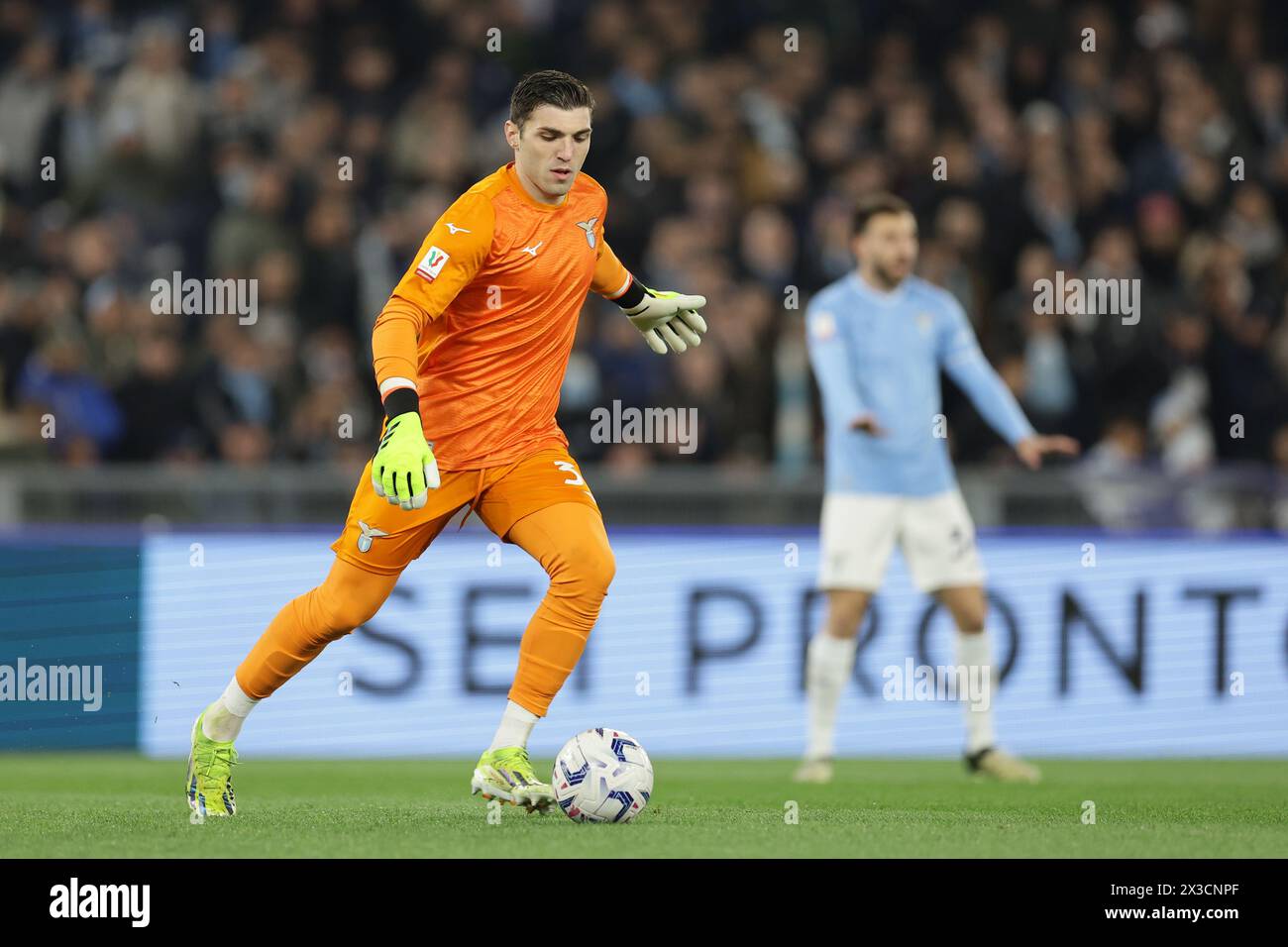 Le gardien grec du Latium Christos Mandas lors du match de demi-finale de la Coupe d'italie SS Lazio vs Juventus au stade Olimpico le 23 avril 2024 à Rome. Banque D'Images Le gardien grec du Latium Christos Mandas lors du match de demi-finale de la Coupe d'italie SS Lazio vs Juventus au stade Olimpico le 23 avril 2024 à Rome. Banque D'Images
