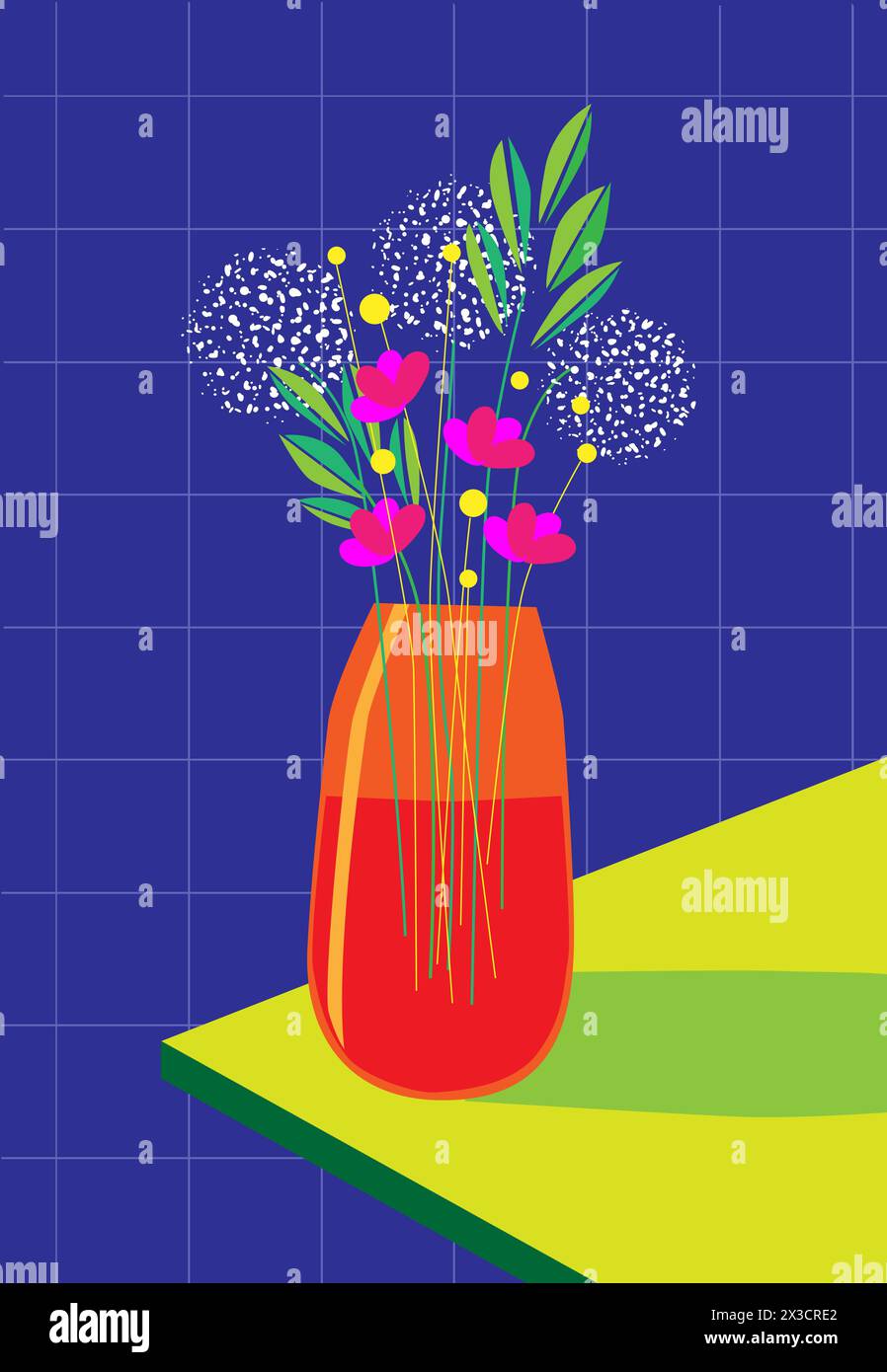 Illustration vectorielle décorative d'un vase avec des fleurs sur une table à la maison dans des couleurs vives et vives Illustration de Vecteur