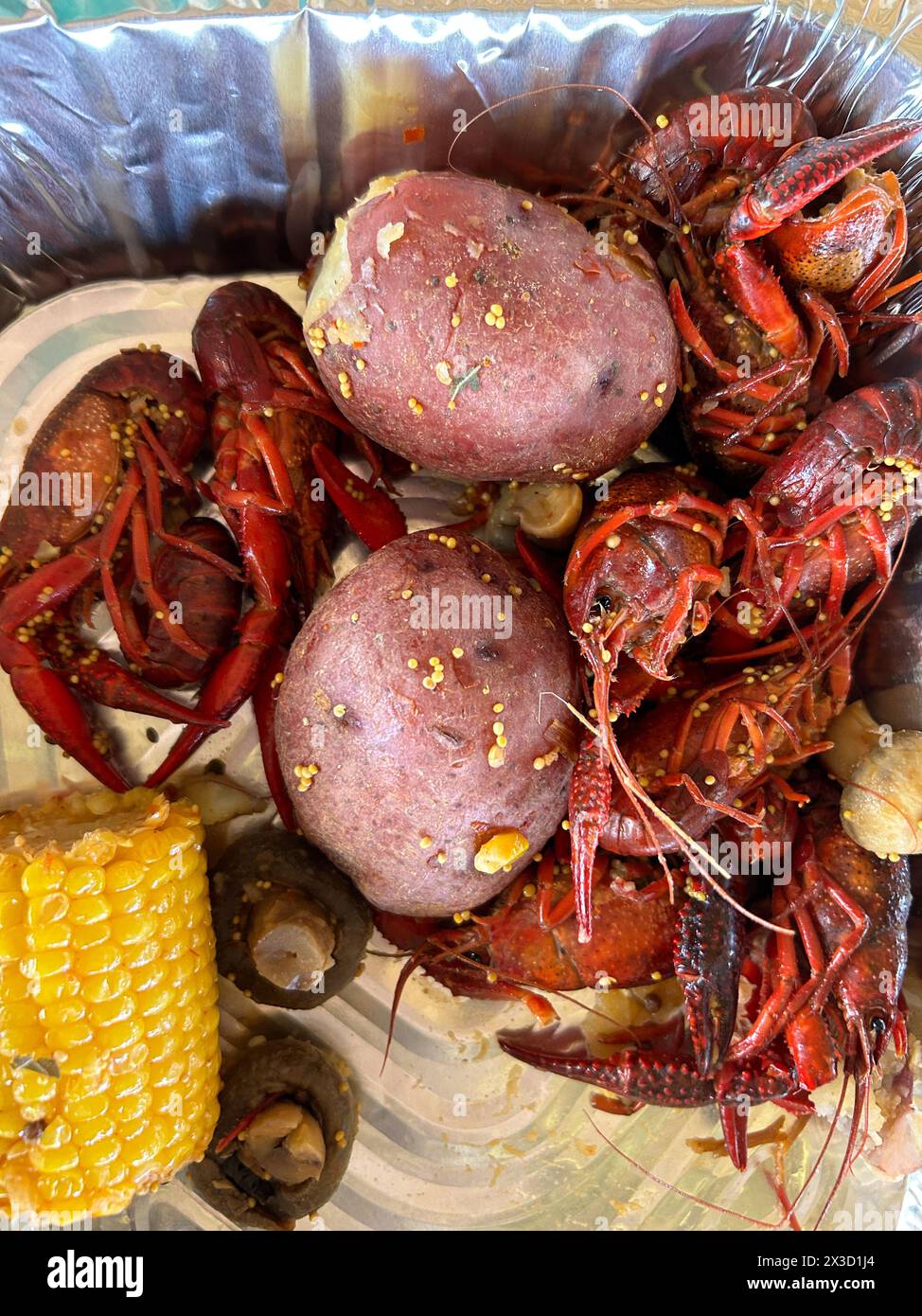 Les fruits de mer colorés et épicés bouillent prêts à être dégustés Banque D'Images