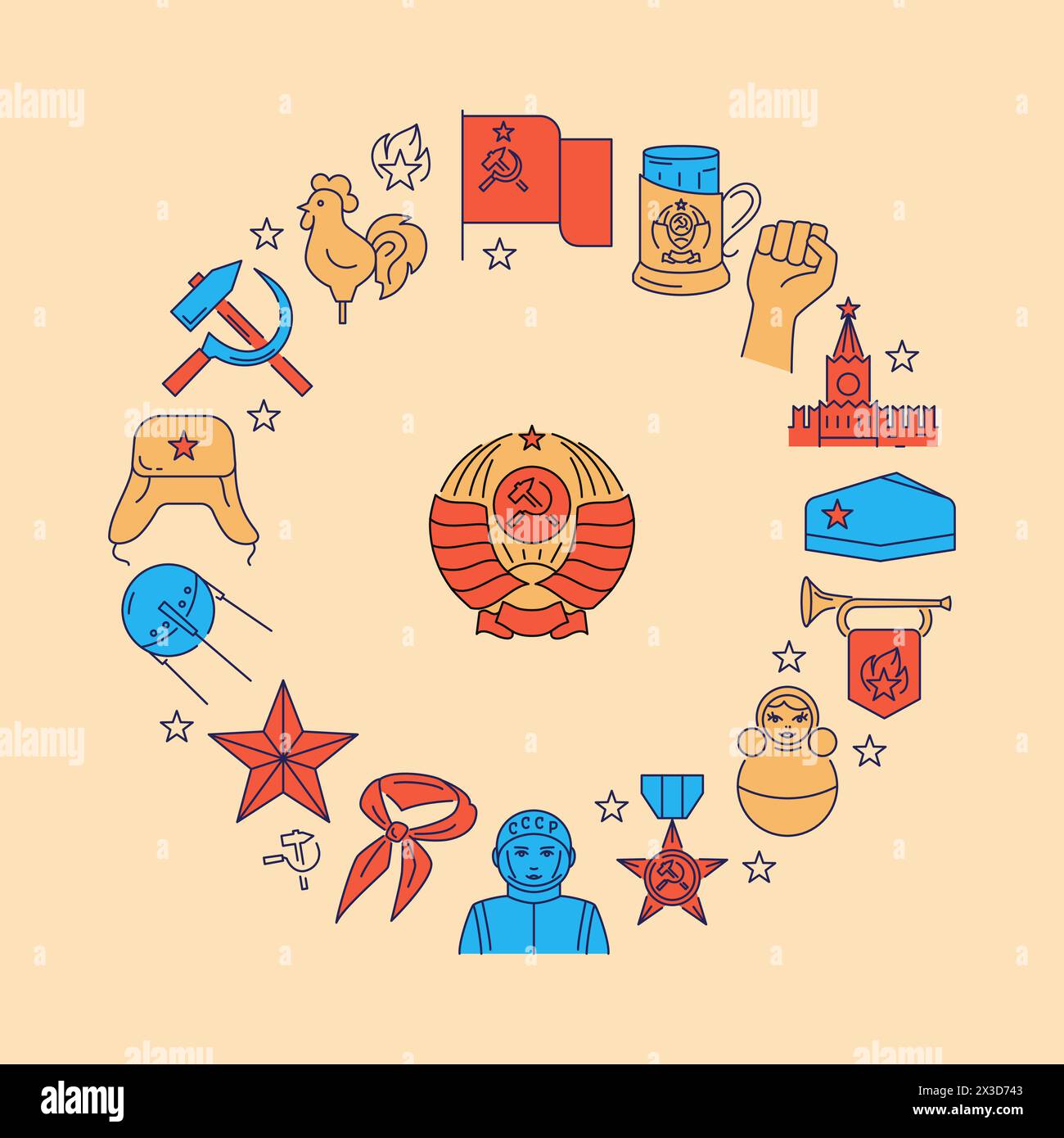Affiche conceptuelle ronde de l'Union soviétique. Symboles de l'URSS, communisme et socialisme. Illustration vectorielle. Illustration de Vecteur