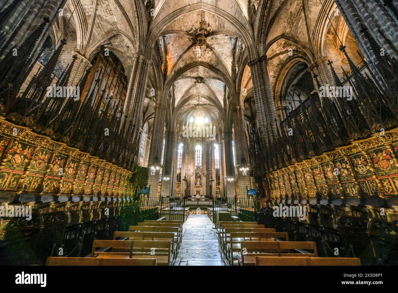 Hauptchor mit Chorgestühl von Pere ça Anglada, Kathedrale, Catedral de la Santa Creu i Santa Eulalia, Barcelona, Katalonien, Spanien Banque D'Images