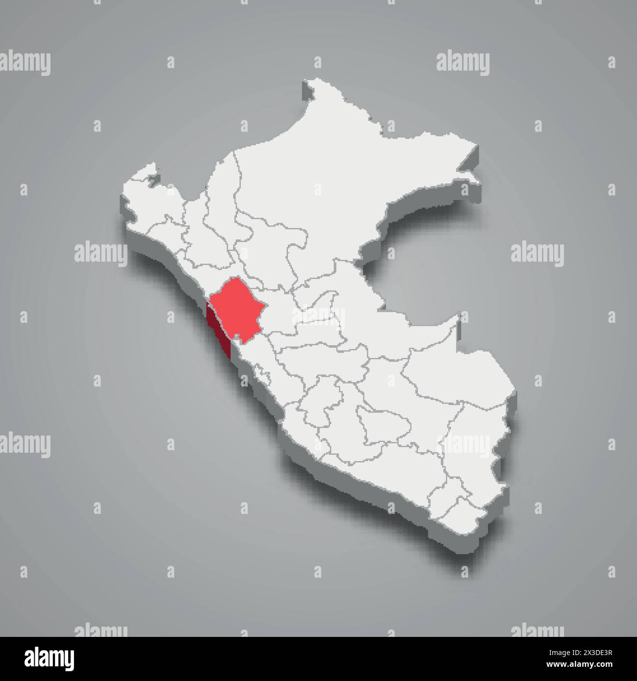 Département Ancash mis en évidence en rouge sur une carte 3D du Pérou gris Illustration de Vecteur