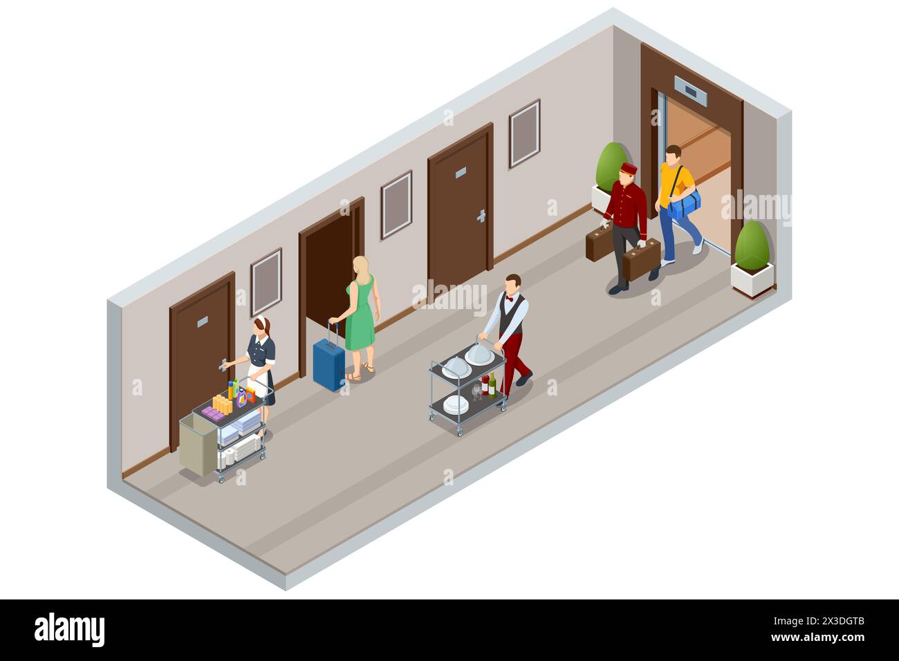 Intérieur isométrique du couloir de l'hôtel de luxe avec portes numérotées, femme femme de chambre, porter avec bagages, serveuse en uniforme. Profitez des vacances et Illustration de Vecteur