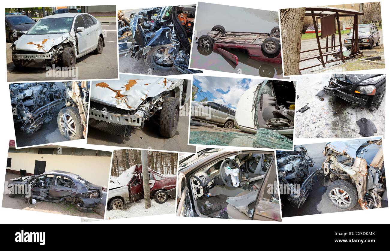 Collage de douze photos de voitures impliquées dans un accident, danger sur la route Banque D'Images