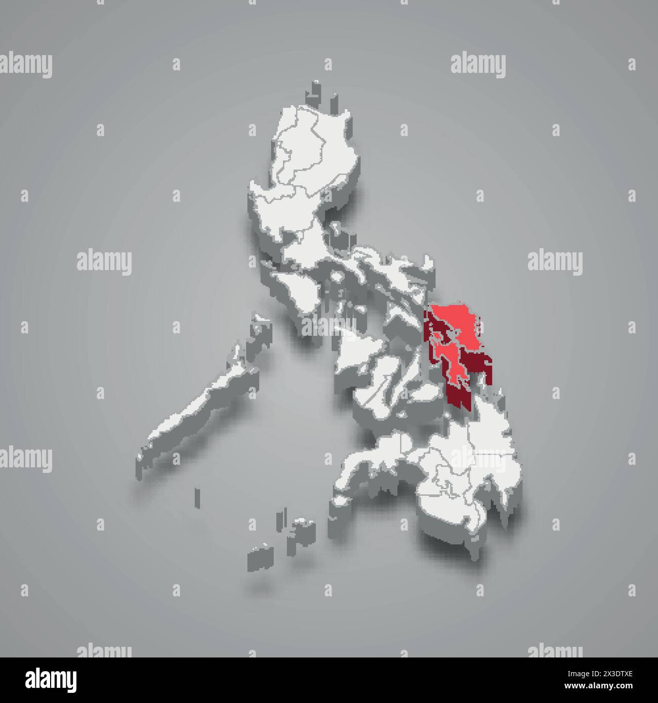 Région de Visayas orientale mise en évidence en rouge sur une carte grise des Philippines 3D. Illustration de Vecteur Région de Visayas orientale mise en évidence en rouge sur une carte grise des Philippines 3D. Illustration de Vecteur