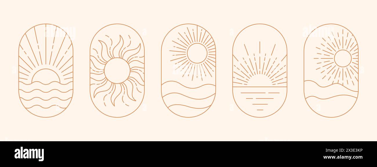 Cadres de contour bohème abstrait avec soleil. Sunset, Sunburst, Sunbeam line Illustration vectorielle Illustration de Vecteur