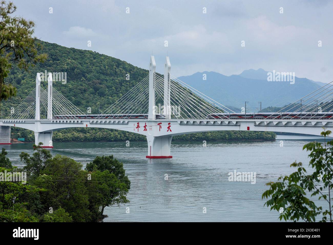 Hefei. 26 avril 2024. Les trains circulent sur le grand pont de Taipinghu le long du chemin de fer Chizhou-Huangshan dans la province d'Anhui, dans l'est de la Chine, le 26 avril 2024. Le chemin de fer Chizhou-Huangshan, reliant la ville de Chizhou et la ville de Huangshan, dans la province d'Anhui, dans l'est de la Chine, a commencé à fonctionner vendredi. Il s'agit d'une route touristique reliant la montagne Jiuhua, la montagne Huangshan, le lac Taiping et d'autres attractions touristiques, ce qui est d'une grande importance pour la promotion du développement économique et social le long de la route. Crédit : Fan Chengzhu/Xinhua/Alamy Live News Banque D'Images