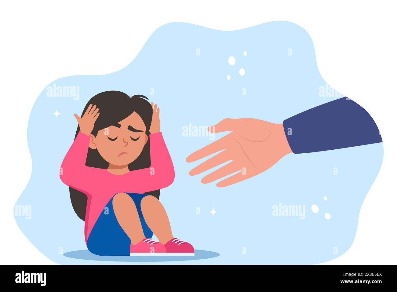 La main humaine aide l'enfant malheureux et triste dans la dépression assis. Concept de santé mentale Illustration de Vecteur