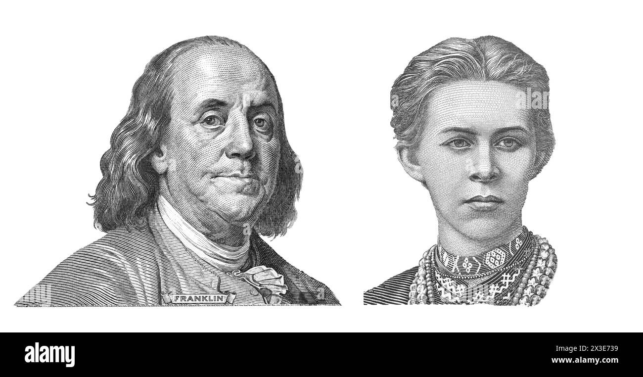 Benjamin Franklin a coupé sur le nouveau billet de 100 dollars et Lesia Ukrayinka a coupé sur le billet de 200 hryvnia ukrainien Banque D'Images
