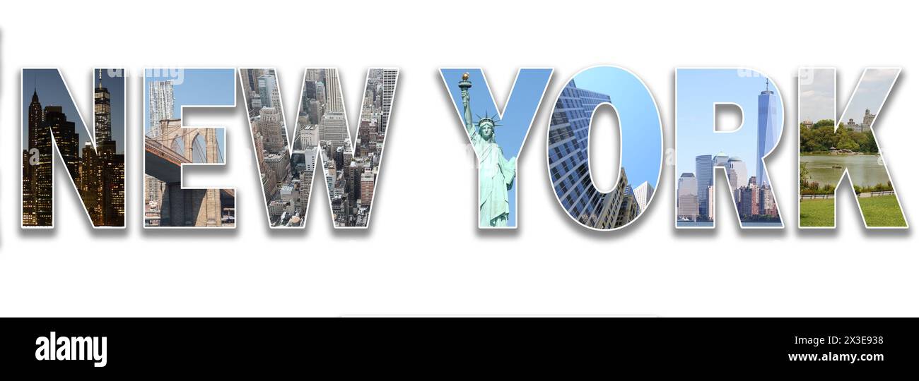 Collage avec lettres New-yorkaises avec ville, pont de Brooklyn, Statue de la liberté, Central Park Banque D'Images