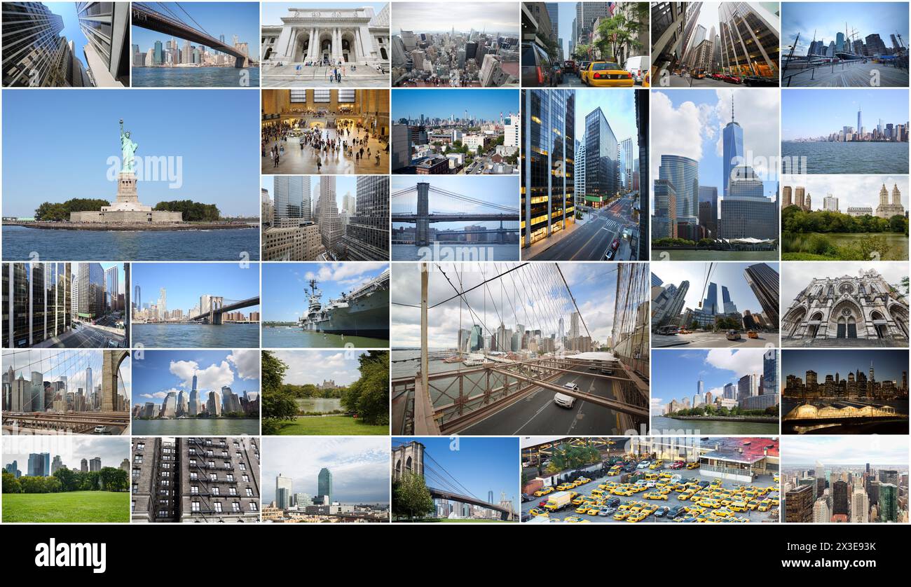 Collage avec vue sur New york - Brooklyn Bridge, Manhattan, Statue de la liberté, Central Park, Grand Central terminal Banque D'Images