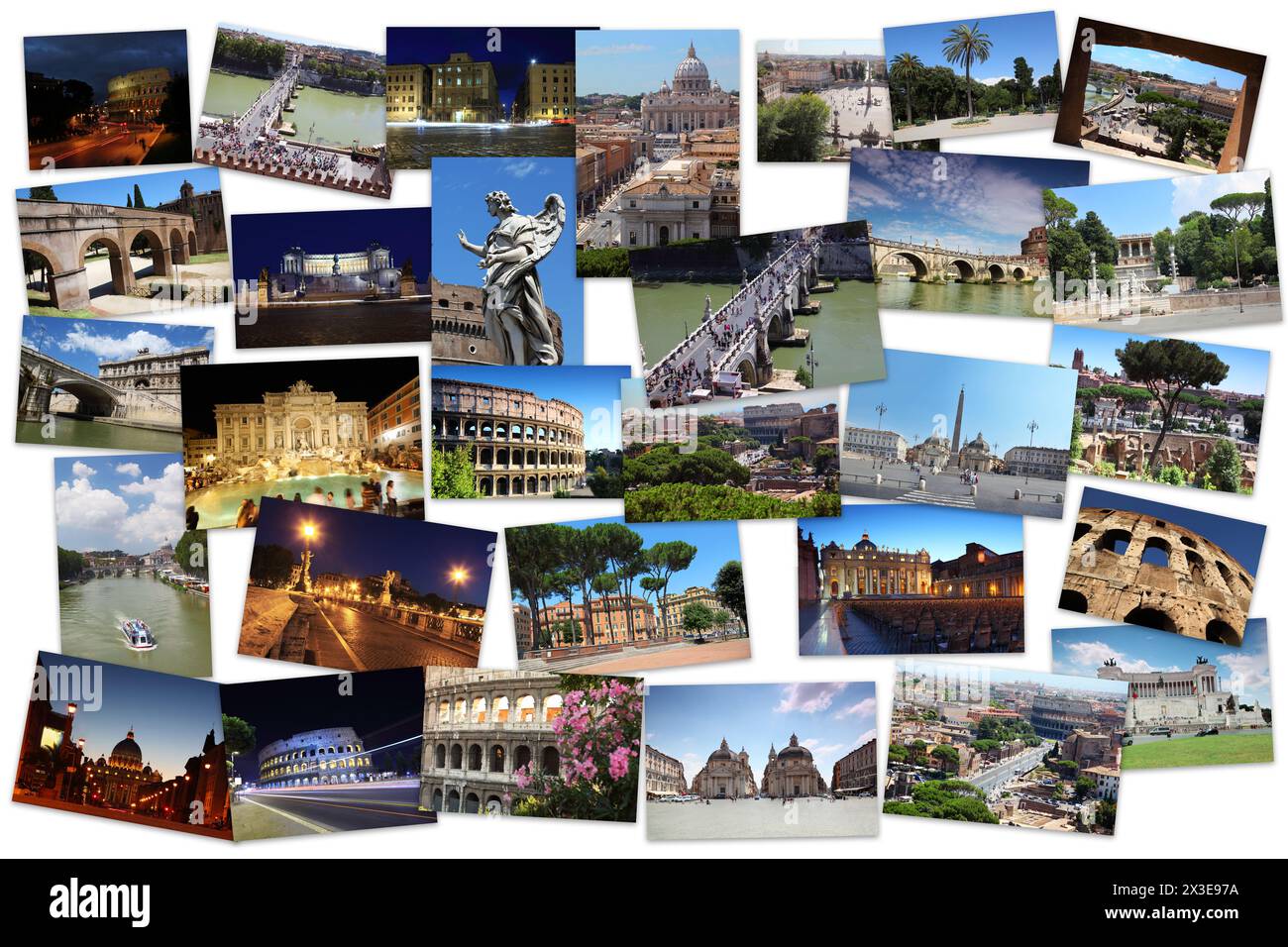 Collage avec lettres de Rome avec Colisée, fontaine de Trevi, cathédrale Saint-Pierre, pont Sant Angelo, Vittoriano Banque D'Images