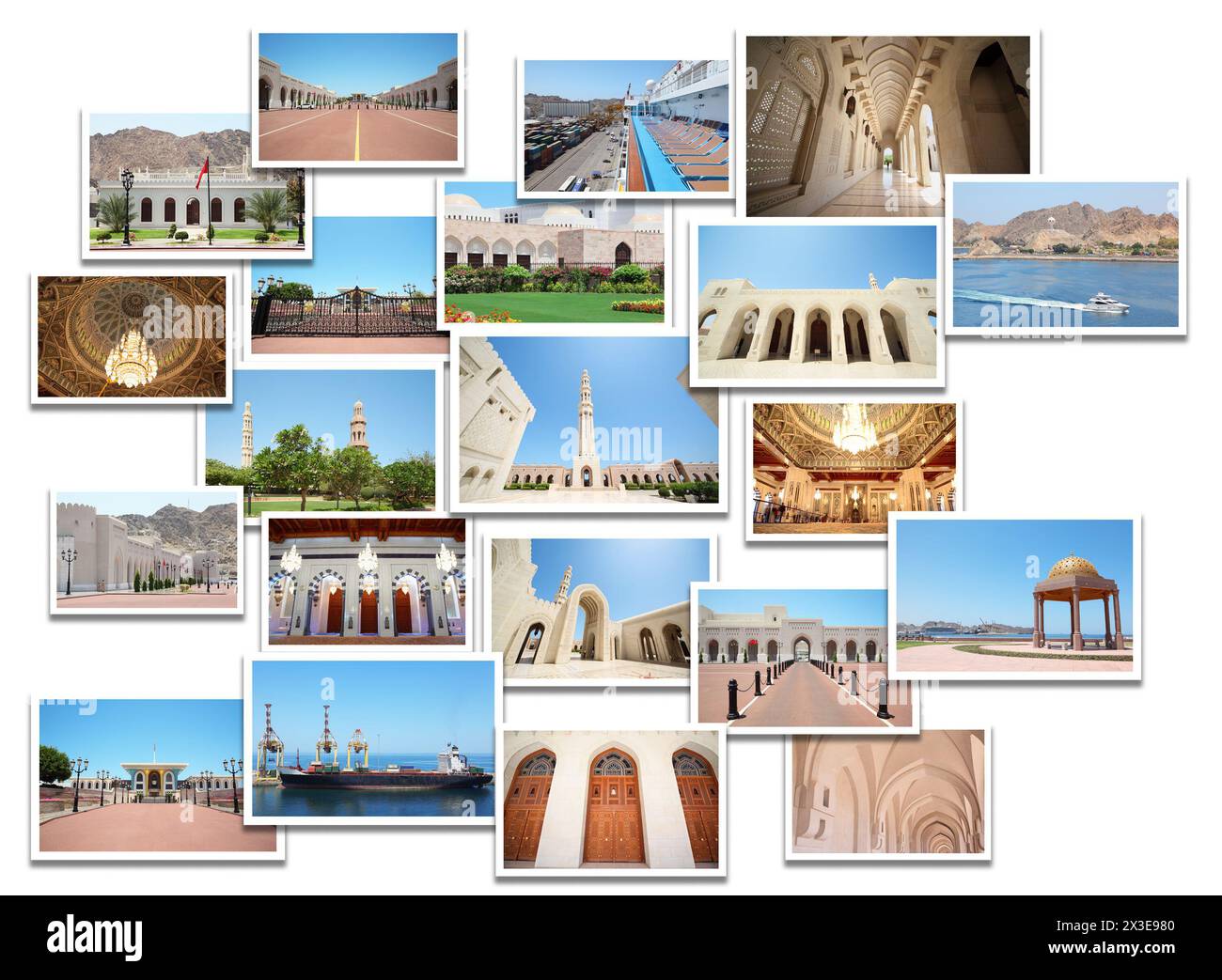 Collage avec photos d'Oman - Palais du Sultan, Grande Mosquée, port de Qaboss Banque D'Images