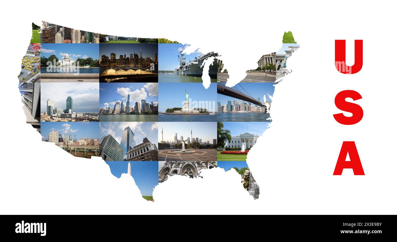 Collage avec carte avec vues des Etats-Unis - Brooklyn Bridge, Manhattan, Statue de la liberté, Capitole, Maison Blanche Banque D'Images