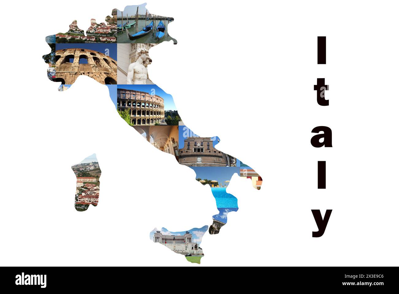 Collage avec carte d'Italie avec Calabre, Colisée à Rome, gondoles vénitiennes Banque D'Images