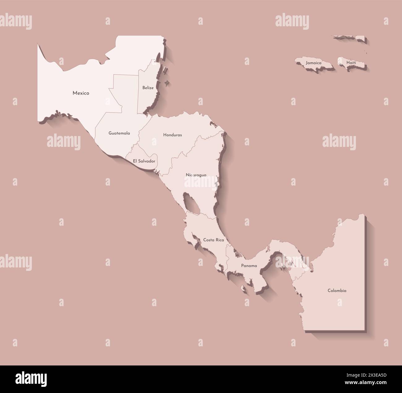 Illustration vectorielle avec des terres d'Amérique centrale avec des frontières de pays et des noms d'états. Carte politique en couleurs brunes avec des régions. Backgro beige Illustration de Vecteur