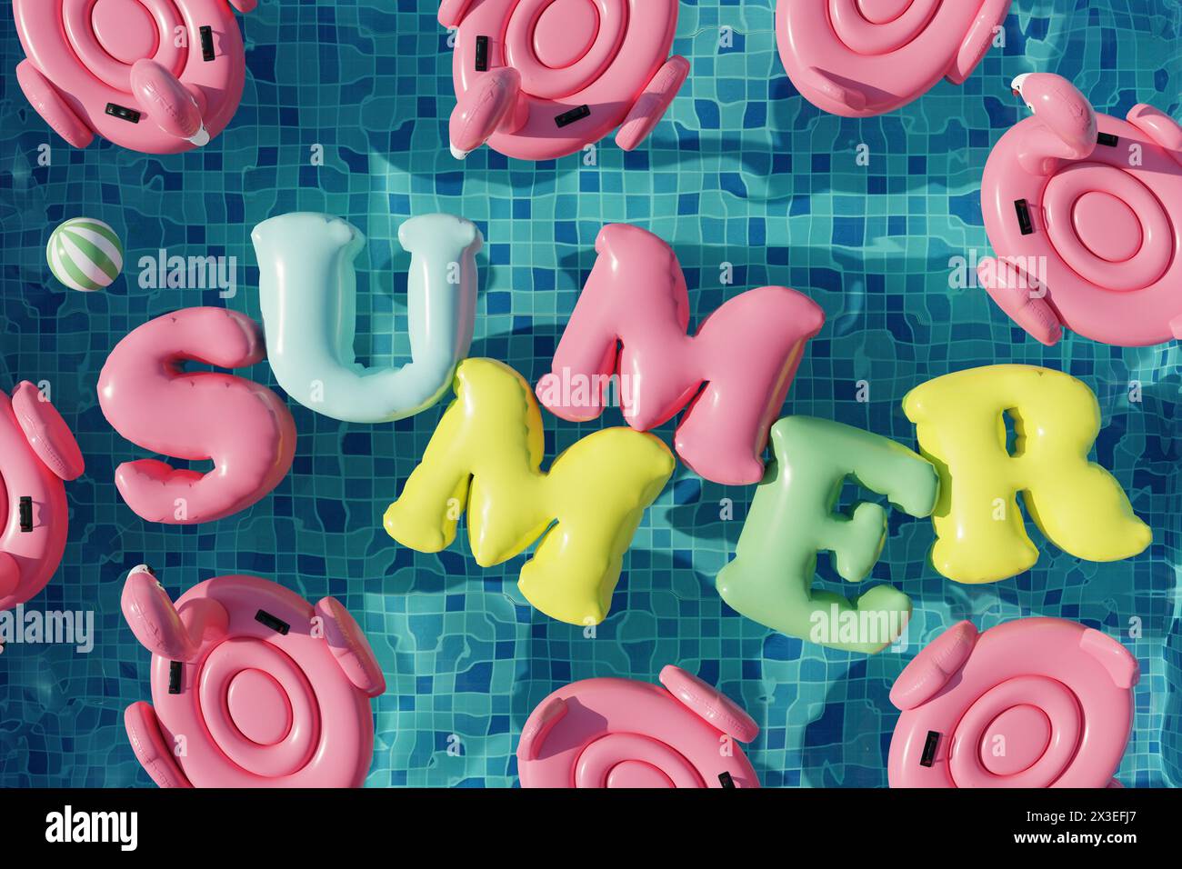 Piscine avec anneaux de flamants roses et lettres d'été. Fête d'été à la piscine. rendu 3d. Vue de dessus Banque D'Images