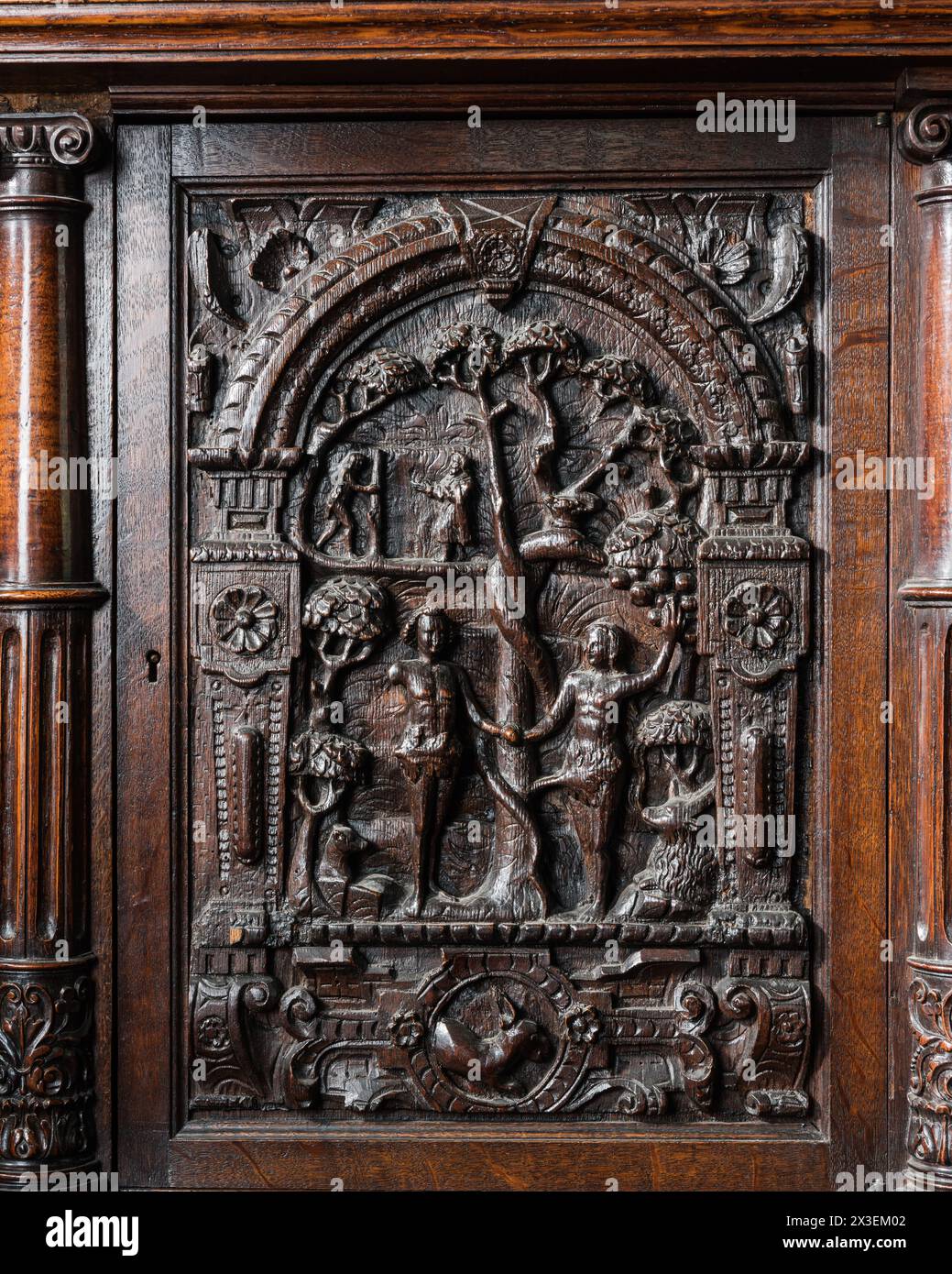 Arts décoratifs à Speke Hall, Grade I Listed National Trust Tudor Manor House, Liverpool, Angleterre, Royaume-Uni. Banque D'Images