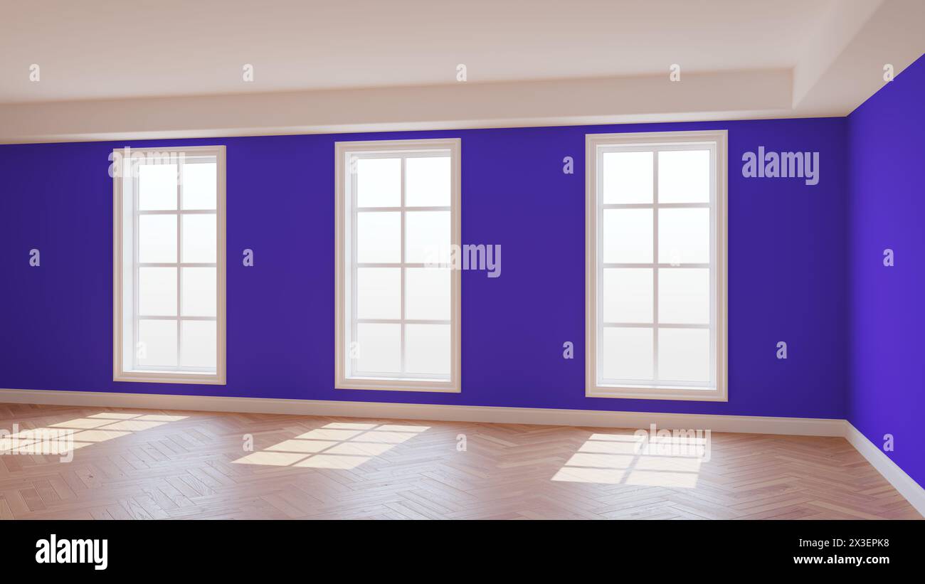 Intérieur violet vide avec trois grandes fenêtres, parquet à chevrons brillant clair et socle blanc. Beau concept de la chambre vide. Rendu 3D, Ultra HD 8K, 7680x4320, 300 dpi Banque D'Images