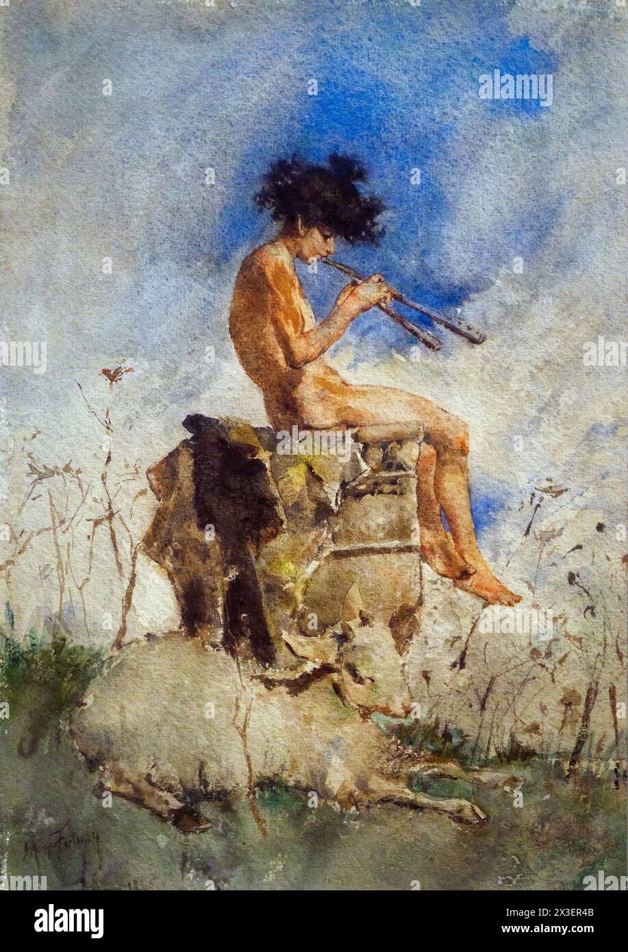 Les pipes de Pan de Mariano Fortuny y Marsal (1838-1874), vers 1865, aquarelle, plume et encre noire, bordure graphite sur papier épais Banque D'Images