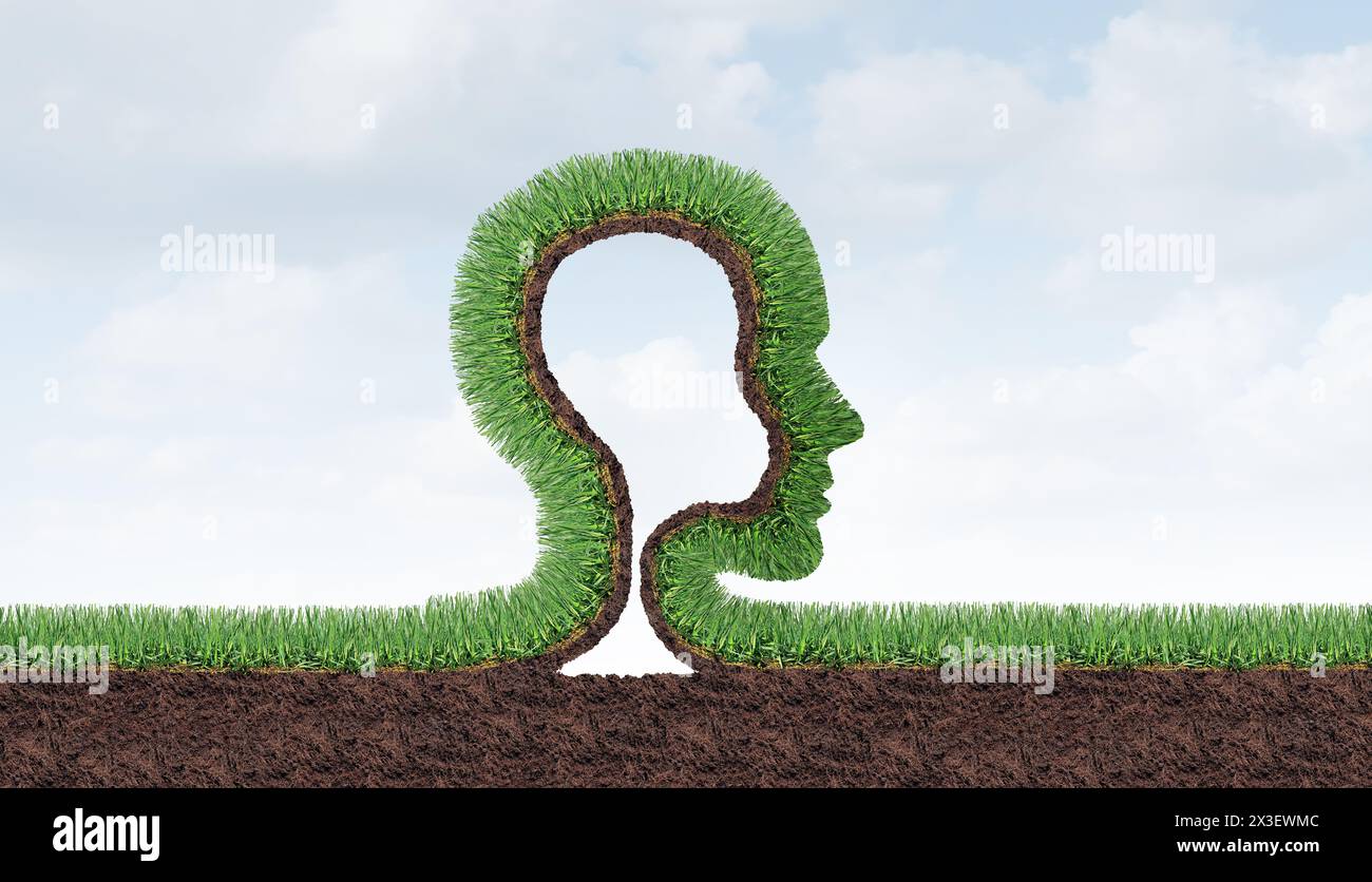 Conseils d'entretien de pelouse et jardinage aménagement paysager ou aménagement paysager comme une pelouse verte représentant des conseils d'entretien de pelouse ou des problèmes de sensibilisation à l'environnement comme un hor Banque D'Images